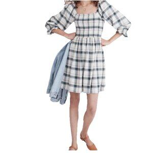 Madewell Lucie Elbow-Sleeve Smocked Mini Dress in Lebaum Plaid Medium Pockets